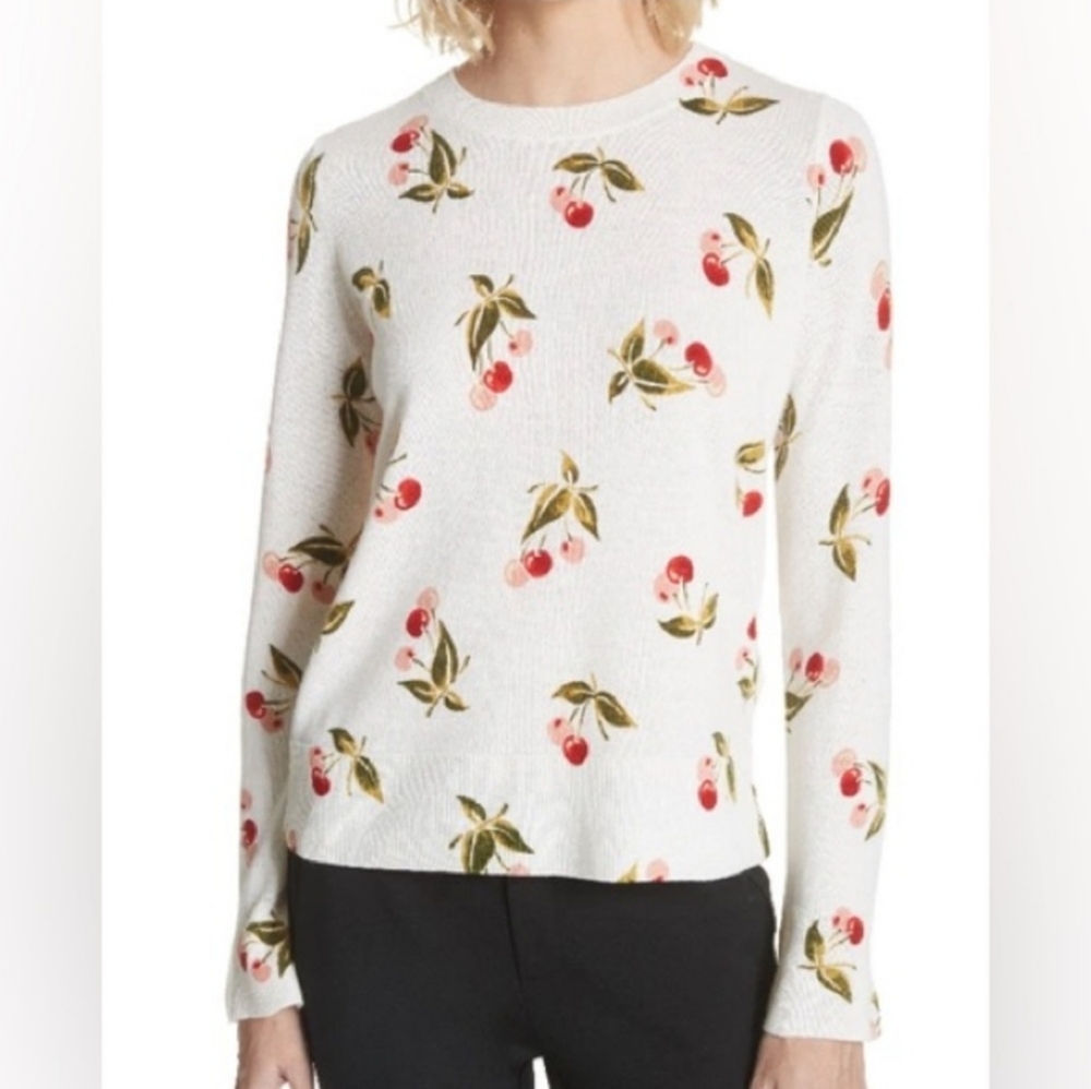JOIE Varden Sweet Cherry Print Cashmere Sweater - Porcelain 100% cashmere